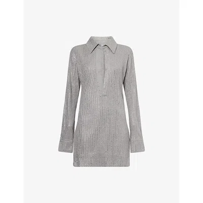 Attico Womens Melange Grey Crystal-embellished Polo-collar Cotton Mini Jumper Dress In Gray