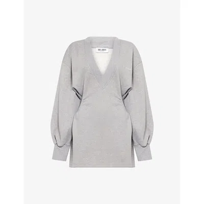 Attico Womens Melange Grey Logo-plaque V-neck Cotton-jersey Mini Sweatshirt Dress In Gray