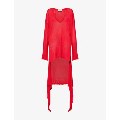 Attico Womens Red Asymmetric V-neck Knitted Mini Dress