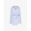 Attico Mini Striped Dress With V-neck, Long Sleeves, White And Navy Blue Cotton, Tied Waist In White/navy Blue