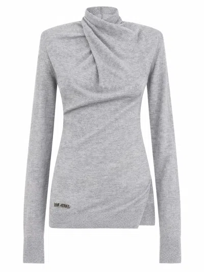 Attico Wool Knit Top Draped Slim Long Sleeves In Gray