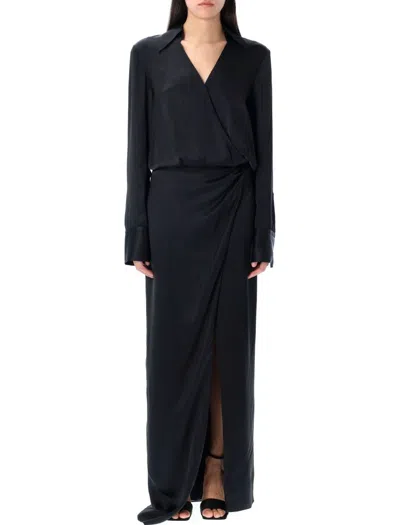 ATTICO WRAP-STYLE LONG DRESS WITH DEEP V-NECKLINE