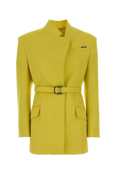 Attico Gabardine Blazer Belted Waist High Collar In Yellow