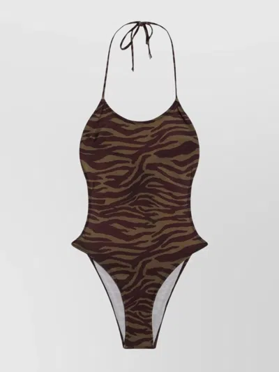 ATTICO ZEBRA HALTER NECK HIGH LEG SWIMSUIT