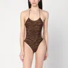 Attico Green Swimsuit With Halterneck With Tie And All-over Print In Tech Fabric Stretch Woman