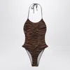 Attico Zebra Printed One Piece Swimsuit In Brown