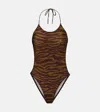 Attico Green Swimsuit With Halterneck With Tie And All-over Print In Tech Fabric Stretch Woman