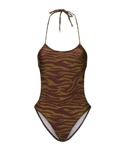 Attico Zebra Print Lycra One Piece Swimsuit In Brown