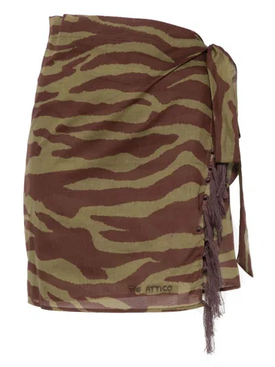 Attico Fringed Zebra-print Cotton-voile Pareo In Green
