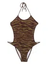 Attico Green Swimsuit With Halterneck With Tie And All-over Print In Tech Fabric Stretch Woman