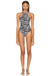 Attico Zebra Printed One Piece Swimsuit In Black