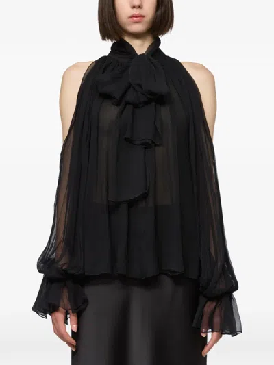 Atu Body Couture Cold-shoulder Pussy-bow Blouse In Black