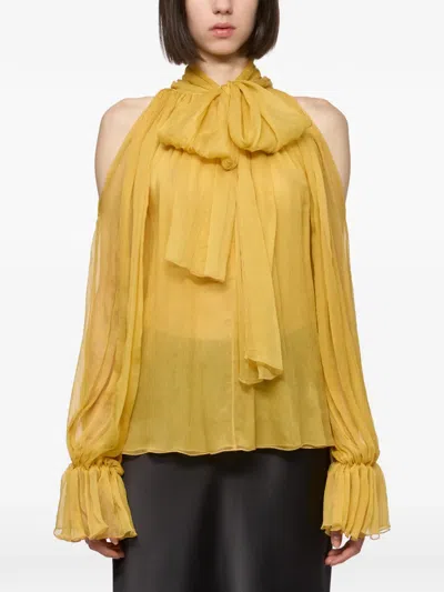 Atu Body Couture Cold-shoulder Pussy-bow Blouse In Yellow