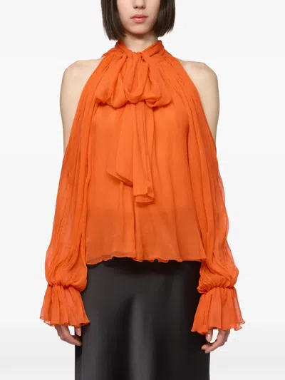 Atu Body Couture Cold-shoulder Pussy-bow Blouse In Orange