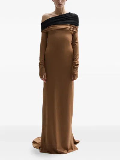 Atu Body Couture Crown Long-sleeved Draped Dress In Brown