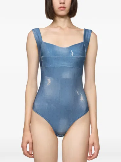 Atu Body Couture Denim-print Corset Top In Blue