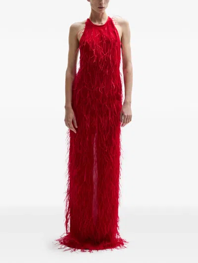 Atu Body Couture Ember Feather Halterneck Maxi Dress In Red
