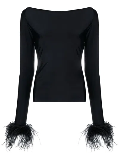 Atu Body Couture Feather-cuffs Long Sleeve Top In Black