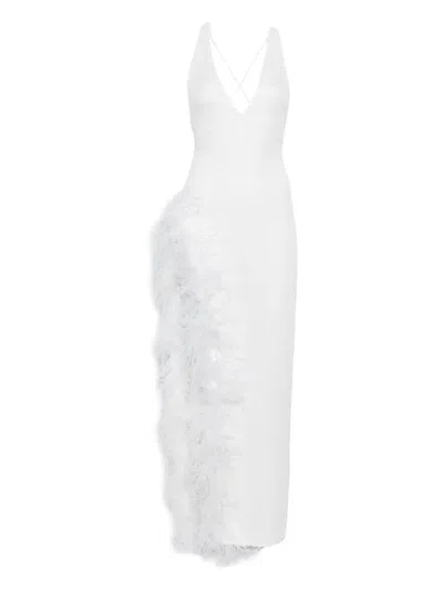 Atu Body Couture Feather-trim V-neck Maxi Dress In White