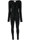 Atu Body Couture Lace-up Satin Catsuit In Schwarz