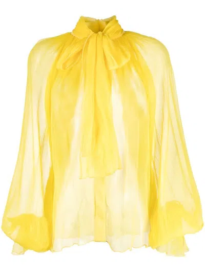 Atu Body Couture Pussy-bow Silk Sheer Blouse In Yellow