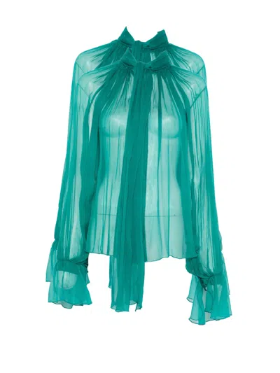 Atu Body Couture Ruffled Pussy Bow Blouse In Green
