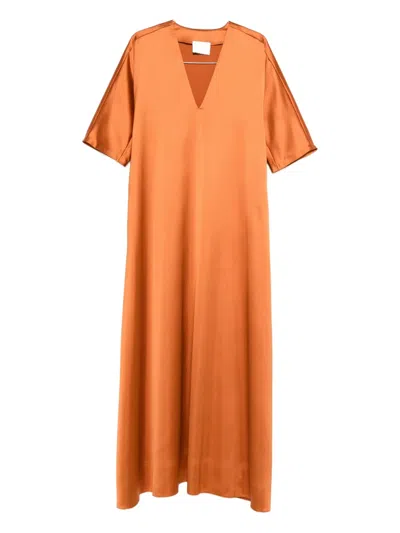 Atu Body Couture Satin V-neck Maxi Dress In Orange