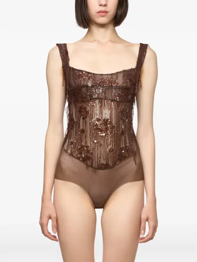 Atu Body Couture Sequin-embellished Corset Bodysuit In Brown