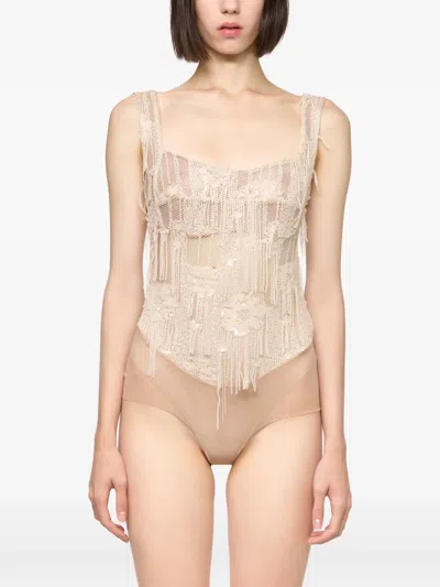 Atu Body Couture Sequin-embellished Corset-style Bodysuit In Neutral