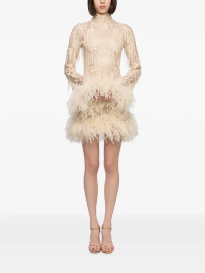 Atu Body Couture Sequin-embellished Feather-trim Dress In Brown