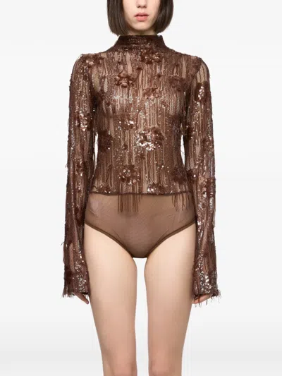 Atu Body Couture Sequin-embellished Fringed Bodysuit In Brown
