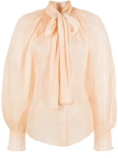 Atu Body Couture Sheer Silk Pussy-bow Blouse In Yellow