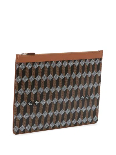 Au Depart Geometric-print Leather-trim Clutch Bag In Brown