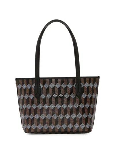 Au Depart Geometric Monogram Tote Bag With Leather Handles In Brown