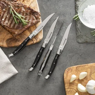 Au Nain Laguiole Steak Knives With Black Horn Handles, 4-piece Set
