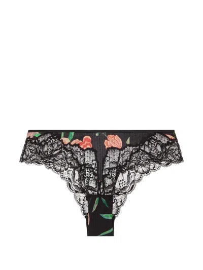 Aubade Sweet Folk Floral-print Lace Briefs In Black