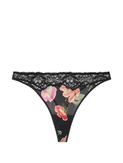 Aubade Sweetfolk Floral-print Lace-trim Thong In Black