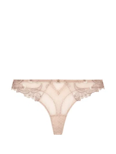Aubade Velvet Memories Embroidered Thong In Neutral