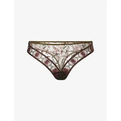 Aubade Womens Dark Garden Tanga Mid-rise Lace Thong Xs In Brown