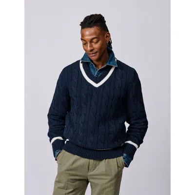Aubin Denton Cotton V-neck Knit Cricket Jumper In Blue