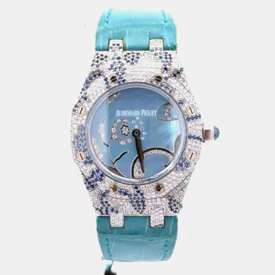 Pre-owned Audemars Piguet Royal Oak 67608bc.zs.d022su.01 Blue Quartz 18k White Gold Diamond Women Wristwatch 33 Mm