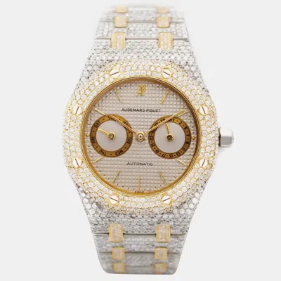 Pre-owned Audemars Piguet Customised Silver Diamond 18k Yellow Gold Stainless Steel Royal Oak 164 Automatic Men's Wristwatch 3 In Cream