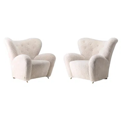 Pre-owned Audo Pair Of The Tired Man Lounge Chair-sheepskin Moonlight/oak By Flemming Lassen In Brown