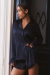 Audrey Adele Feather-trim Pajama Blouse & Shorts Set In Blue