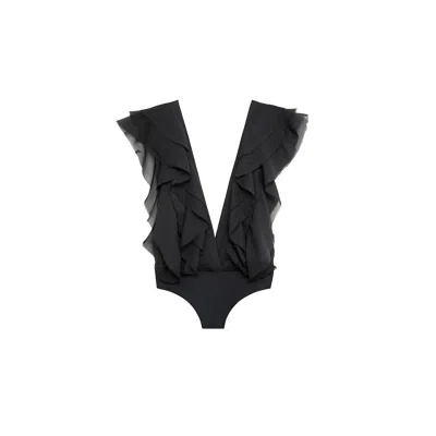 Audrey Vallens Women's Black Miss Av Ruffled Chiffon Bodysuit