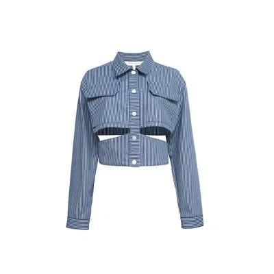 Audrey Vallens Women's Blue Denim Stripe Jacket With Cutout Detail