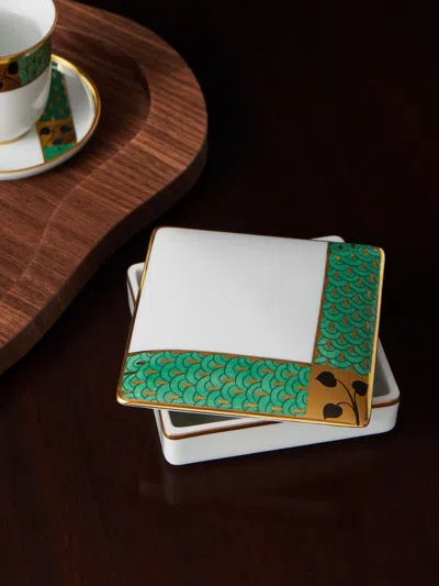 Augarten Secession Hand-painted Porcelain Square Box  Abask Luxury Gift In Green