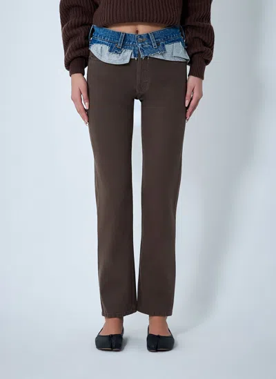 August Barron Contrast Waistband Jeans In Brown