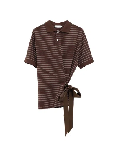 August Barron Striped Tie-fastening Polo Shirt In Brown