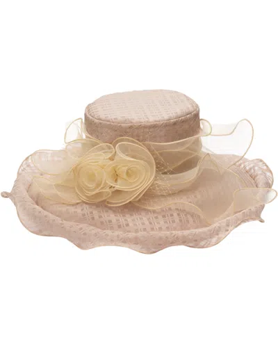 August Hats Textured Organza Rosette Wide Brim Hat In Brown